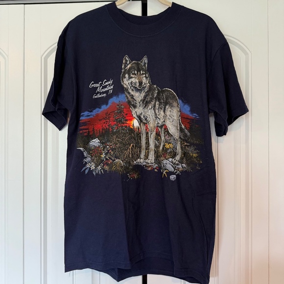 New Vintage 1990s Great Smoky Mountain Wolf Sunset T-Shirt Tennessee 1999 - Picture 2 of 5